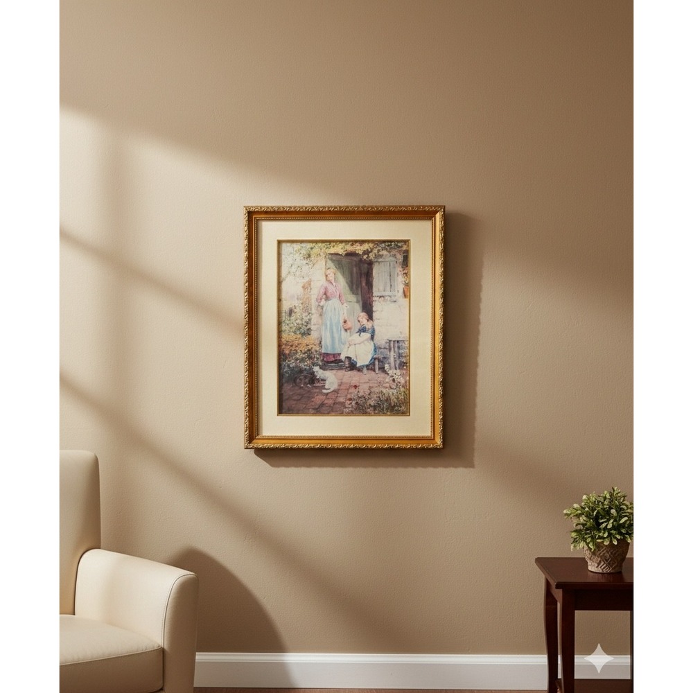 "Feeding Time In The Garden"by artist Henery John Yeend King Framed Matted 22x18